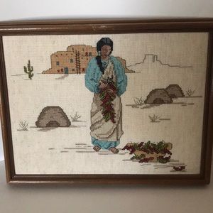 Framed Native American themed cross stitch
